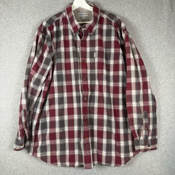 Carhartt Mens 2XL Relaxed Button Front Long Sleeve Shirt Red Plaid 100% Cotton - Picture 1 of 7